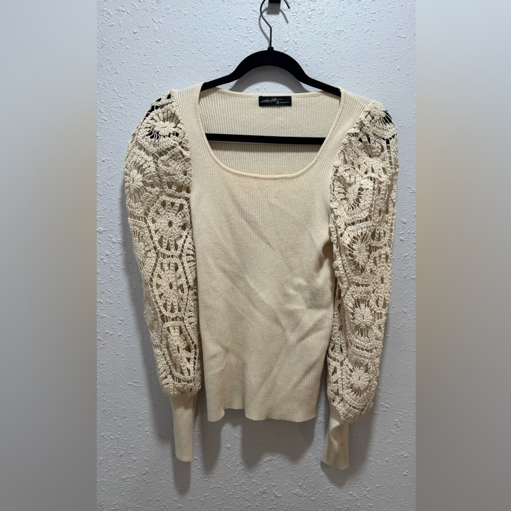 Vici Cream Knit Sweater with Lace Sleeves